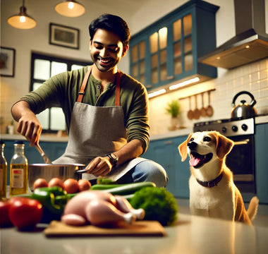 DALL·E_2024-08-08_07.28.00_-_A_realistic_image_of_an_Indian_person_in_the_kitchen,_cooking_food_for_their_dog_using_chicken_and_vegetables._The_person_is_smiling_as_they_prepare_t (1