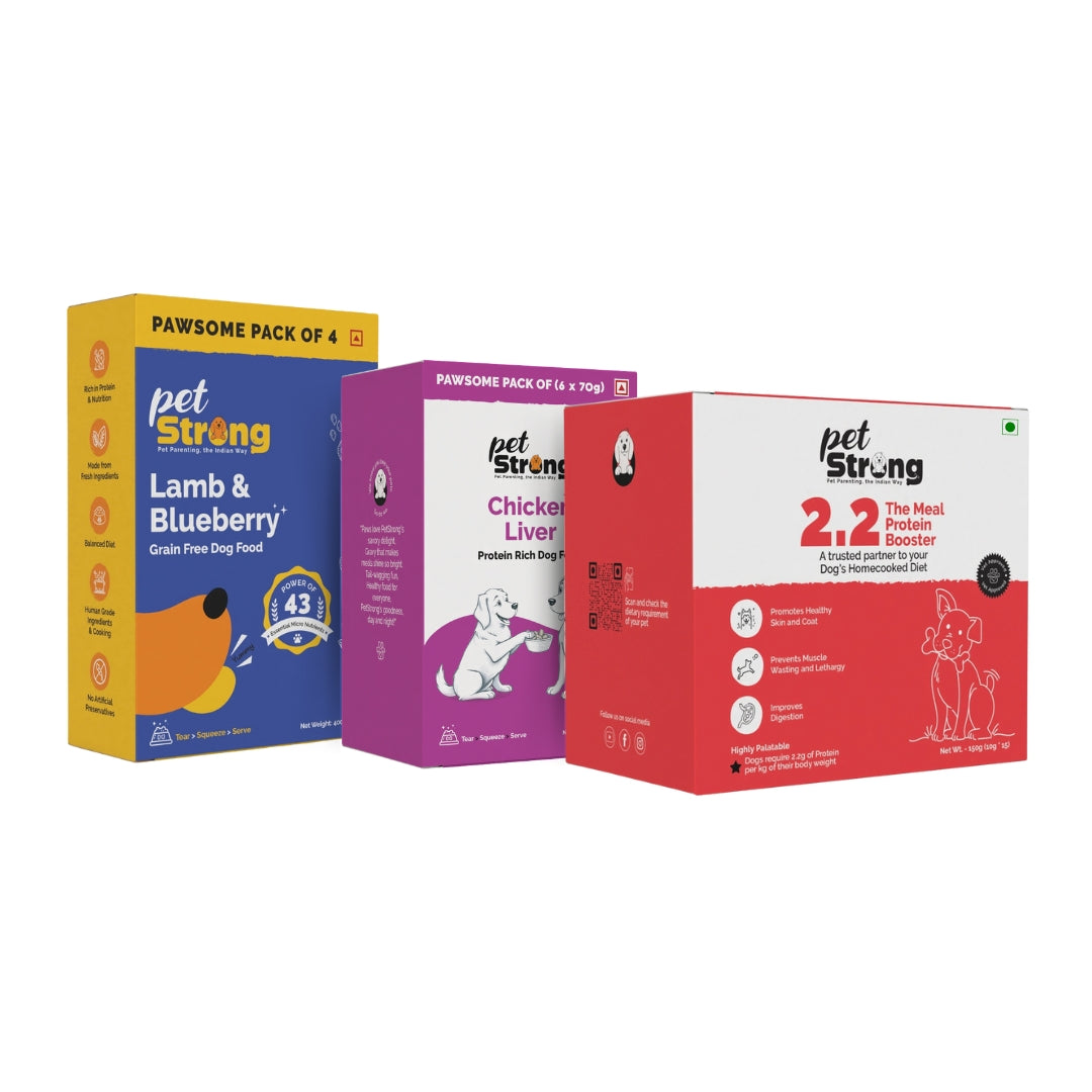 Grain Free Combo for Small Dog: Lamb and Blueberry Grain-Free Fresh Food 100gms*4 + Meal Booster + Chicken Liver in Wet Gravy Food